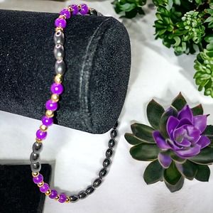 Purple & Silver-Tone Metal Various Shapes Beaded 9.75 Inch Bracelet!
